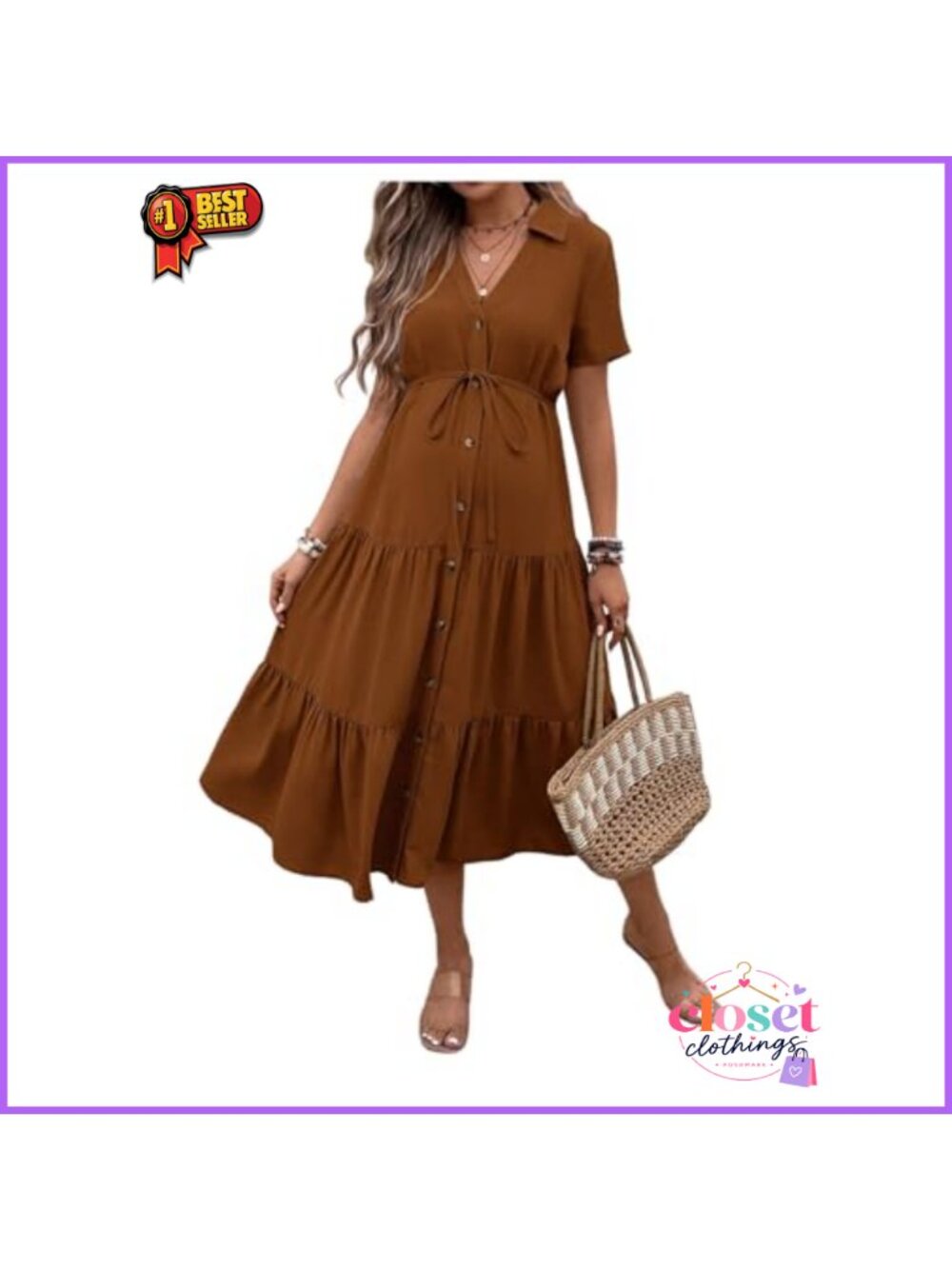 Maternity Button Front Belted Midi Shirt Dress Collared V Neck Short Sleeve - Picture 1 of 4